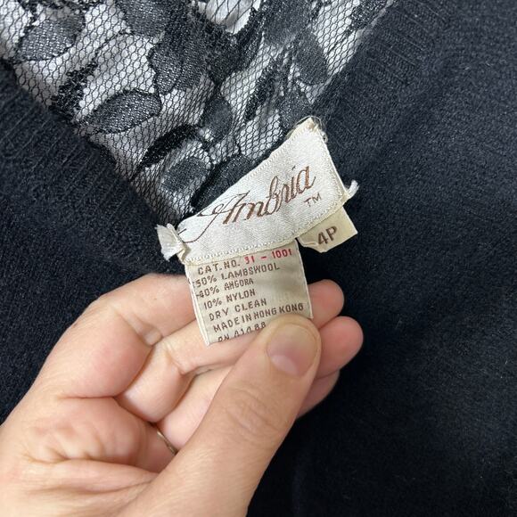 Vintage Sweater Dress 4 PETITE Black Ruffle Lace Lambswool Angora Ambria - Picture 8 of 12